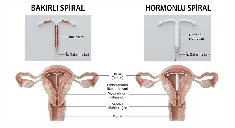 Bakırlı ve hormonlu spiralin rahim içindeki yerleşimi
